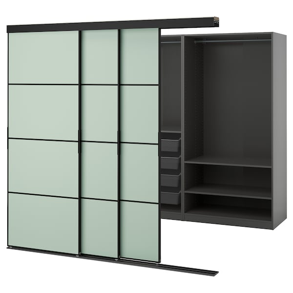 SKYTTA / PAX - Walk-in wardrobe with sliding doors, black dark grey/Mehamn light green,226x160x205 cm