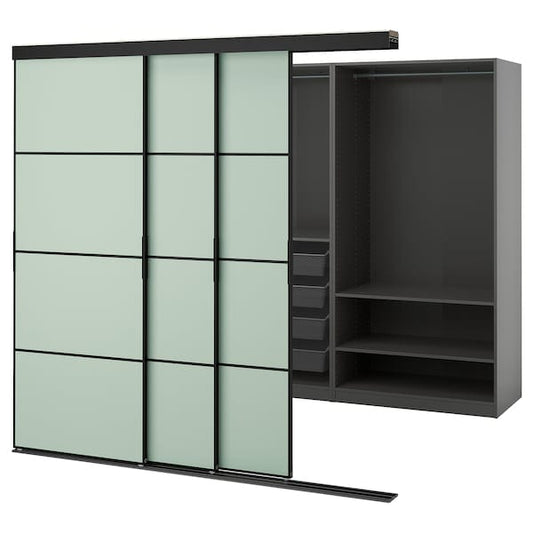 Ikea SKYTTA / PAX - Walk-in wardrobe with sliding doors, black dark grey/Mehamn light green,226x160x205 cm