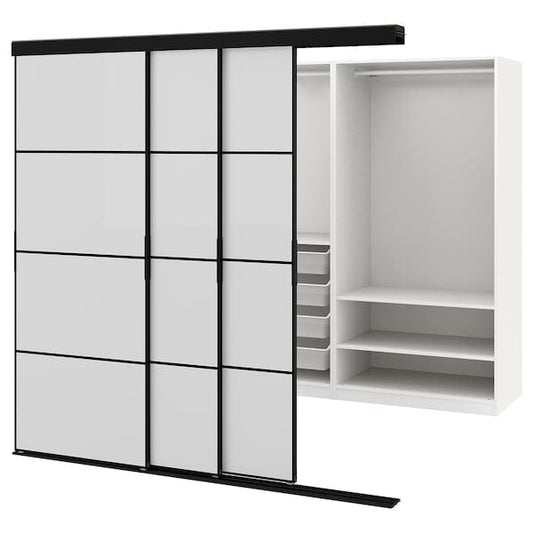 Ikea SKYTTA / PAX - Walk-in wardrobe with sliding doors, black/Hokksund light grey gloss,226x160x205 cm