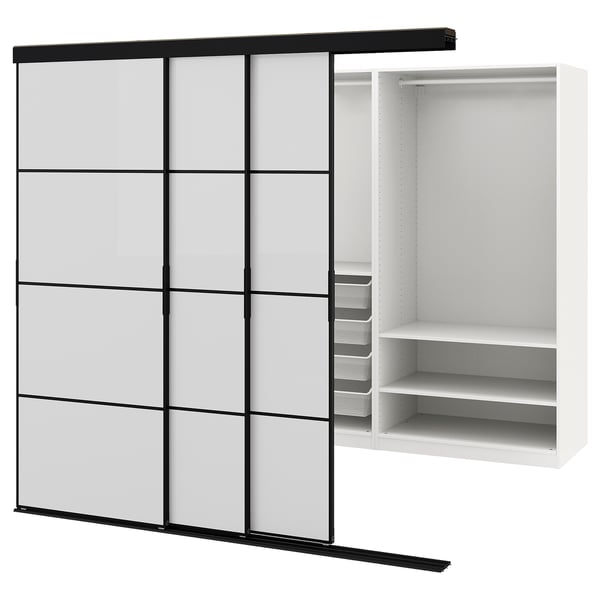 SKYTTA / PAX - Walk-in wardrobe with sliding doors, black/Hokksund light grey gloss,226x160x205 cm