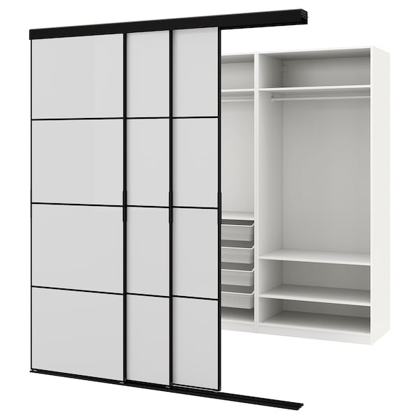 SKYTTA / PAX - Walk-in wardrobe with sliding doors, black/Hokksund light grey gloss,226x160x240 cm