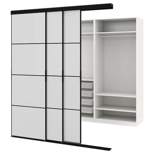 Ikea SKYTTA / PAX - Walk-in wardrobe with sliding doors, black/Hokksund light grey gloss,226x160x240 cm