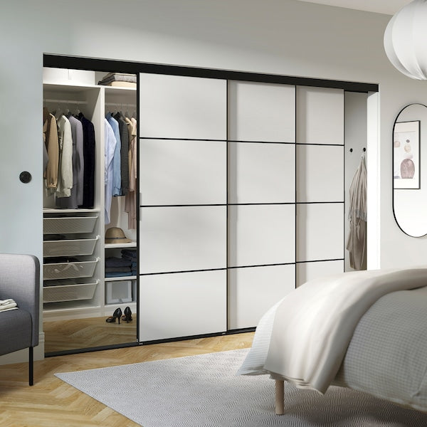 SKYTTA / PAX - Walk-in wardrobe with sliding doors, black/Hokksund light grey gloss,226x160x205 cm