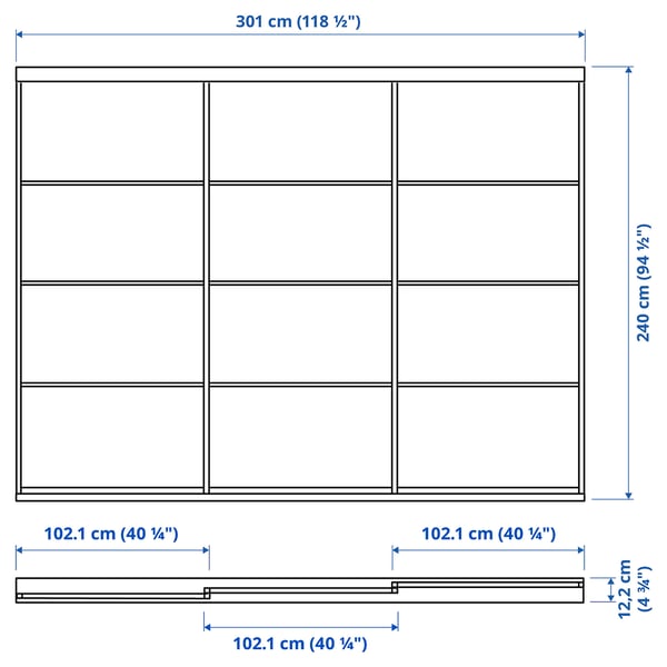SKYTTA / SVARTISDAL sliding door combination, aluminium/white paper, 301x240 cm