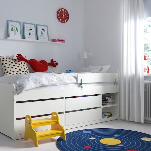 Ikea SLÄKT / NATTAPA - Bed frm w strg+guard rl+slat bd bse, white, 90x200 cm