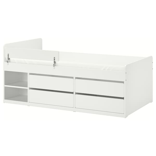 SLÄKT / NATTAPA - Bed frm w strg+guard rl+slat bd bse, white, 90x200 cm