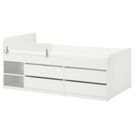 Ikea SLÄKT / NATTAPA - Bed frm w strg+guard rl+slat bd bse, white, 90x200 cm