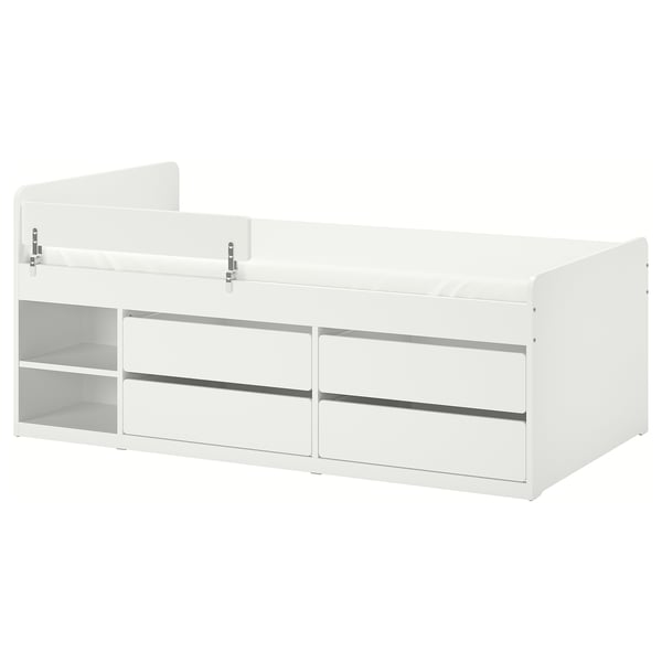 SLÄKT / NATTAPA bed frm w strg+guard rl+slat bd bse, white, 90x200 cm