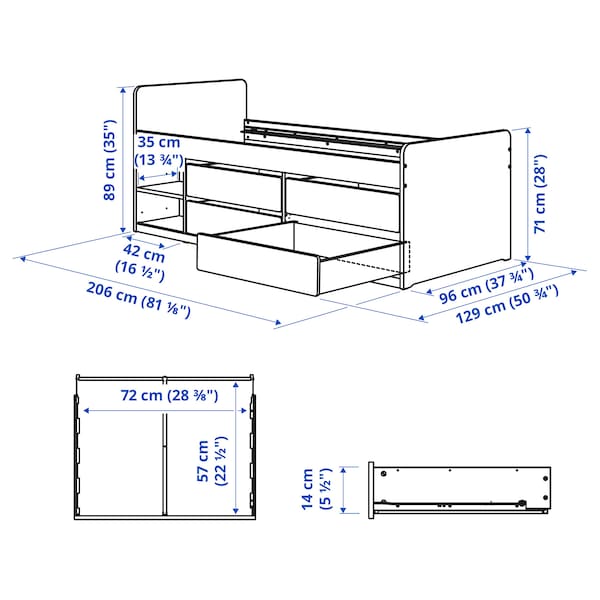 SLÄKT / NATTAPA - Bed frm w strg+guard rl+slat bd bse, white, 90x200 cm