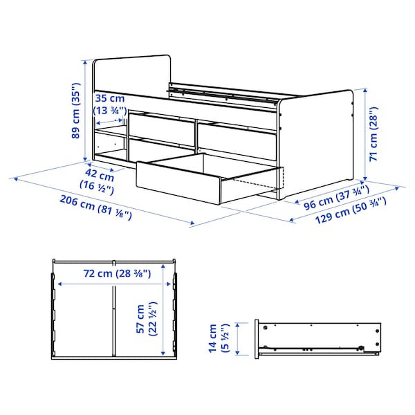 Ikea SLÄKT / NATTAPA - Bed frm w strg+guard rl+slat bd bse, white, 90x200 cm