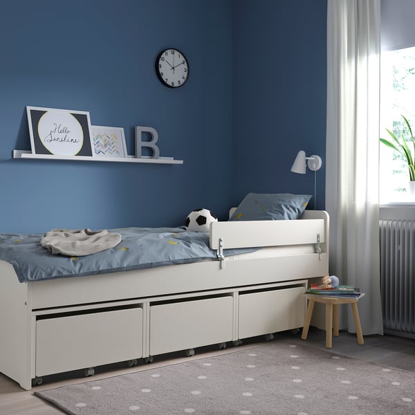 SLÄKT / NATTAPA bed frame w guard rail+slat bd base, white, 90x200 cm