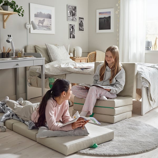 SLÄKT pouffe/mattress, foldable, Vissle beige/green, 193x62 cm
