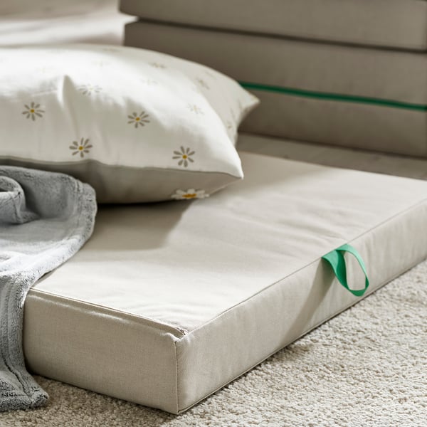 SLÄKT pouffe/mattress, foldable, Vissle beige/green, 193x62 cm