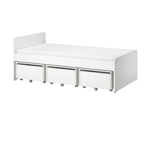 SLÄKT bed frame with 3 storage boxes, white, 90x200 cm