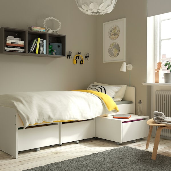 SLÄKT - Bed frame with 3 storage boxes, white, 90x200 cm