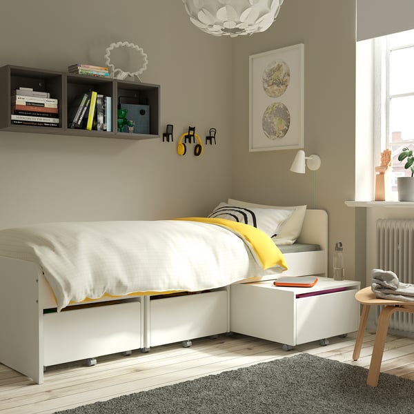SLÄKT bed frame with 3 storage boxes, white, 90x200 cm