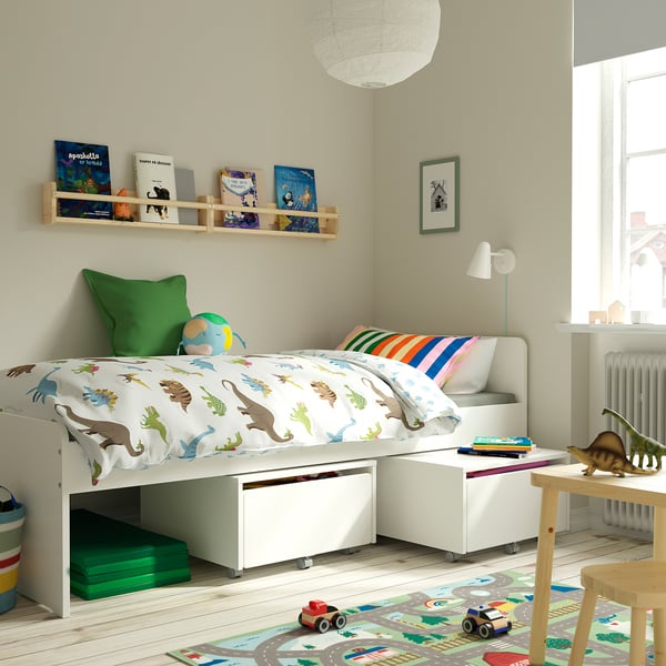 SLÄKT bed frame with slatted bed base, white, 90x200 cm