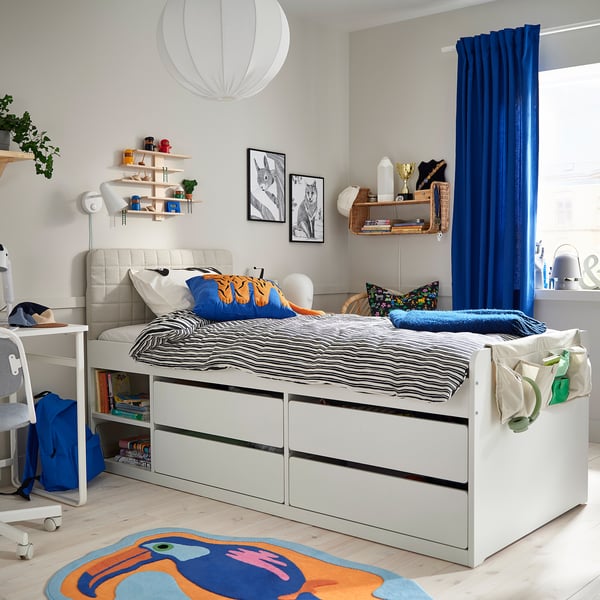 SLÄKT bed frame with storage, incl headboard/Vissle beige, 90x200 cm
