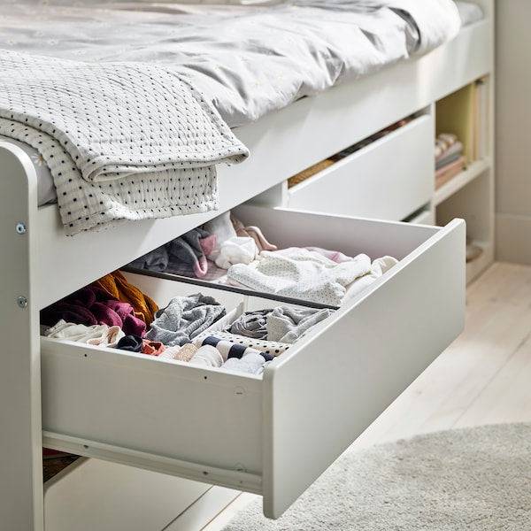 SLÄKT - Bed frame with storage, including headboard/Vissle beige,90x200 cm