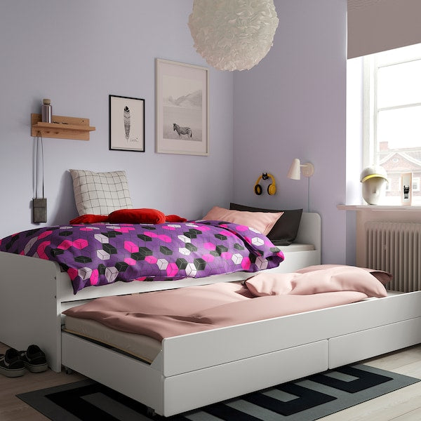 SLÄKT - Bed frame with underbed and storage, white, 90x200 cm