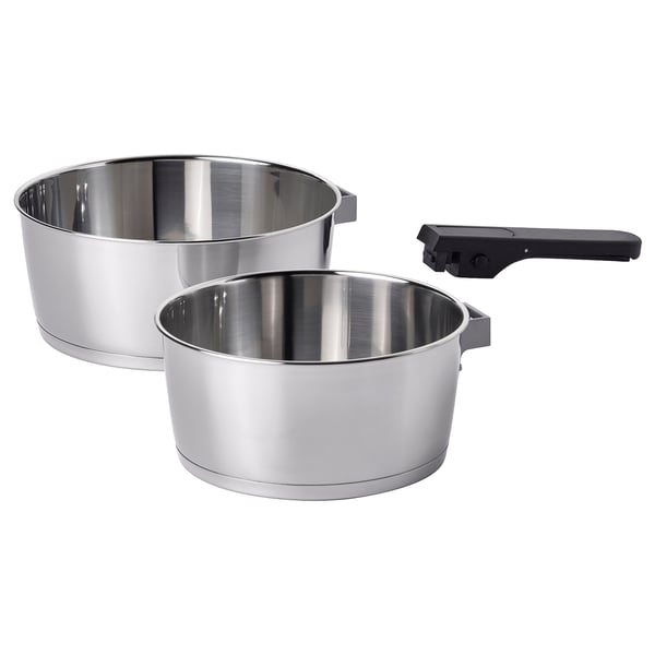 SLÄTROCKA cookware kit with detachable handle, saucepan stainless steel