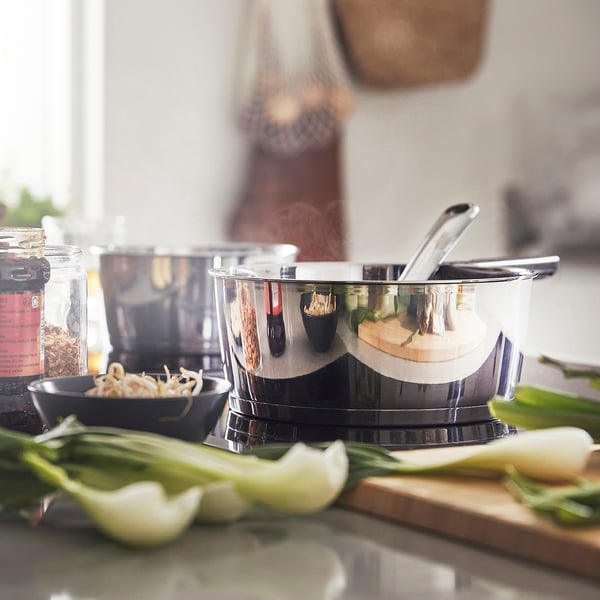 SLÄTROCKA cookware kit with detachable handle, saucepan stainless steel