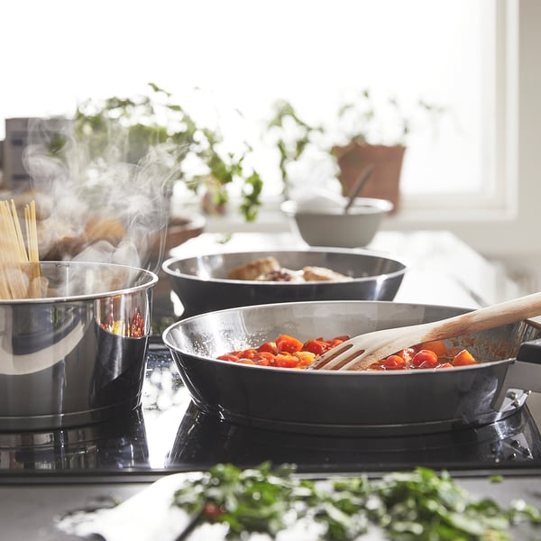 SLÄTROCKA cookware kit with detachable handle, stainless steel