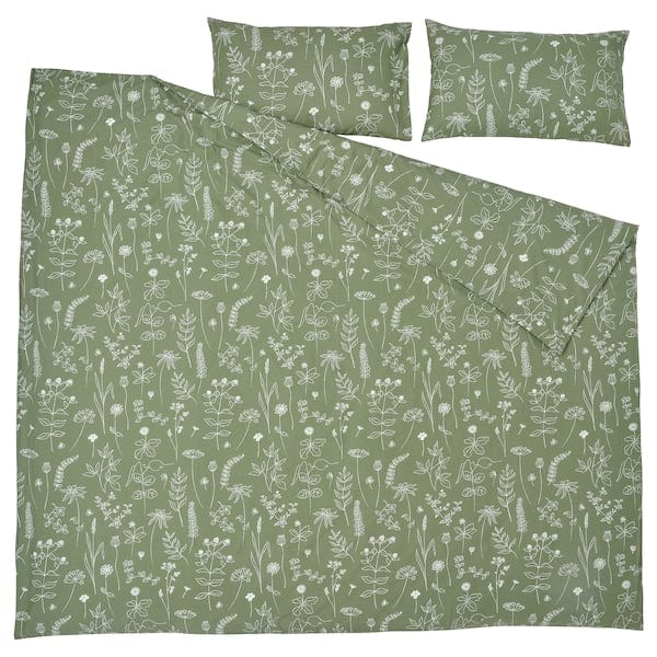 Ikea SLÅNGULDMAL - Duvet cover and 2 pillowcases, green/floral pattern, 240x220/50x80 cm