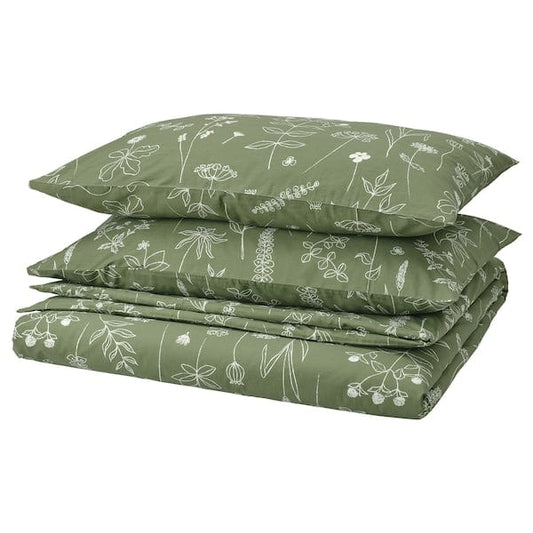 Ikea SLÅNGULDMAL - Duvet cover and 2 pillowcases, green/floral pattern, 240x220/50x80 cm