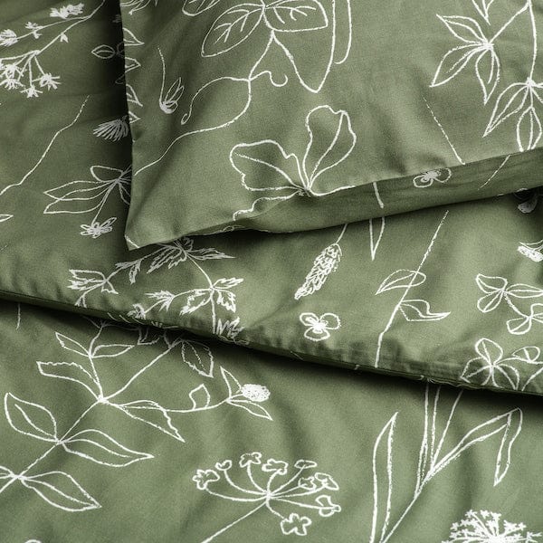 Ikea SLÅNGULDMAL - Duvet cover and 2 pillowcases, green/floral pattern, 240x220/50x80 cm