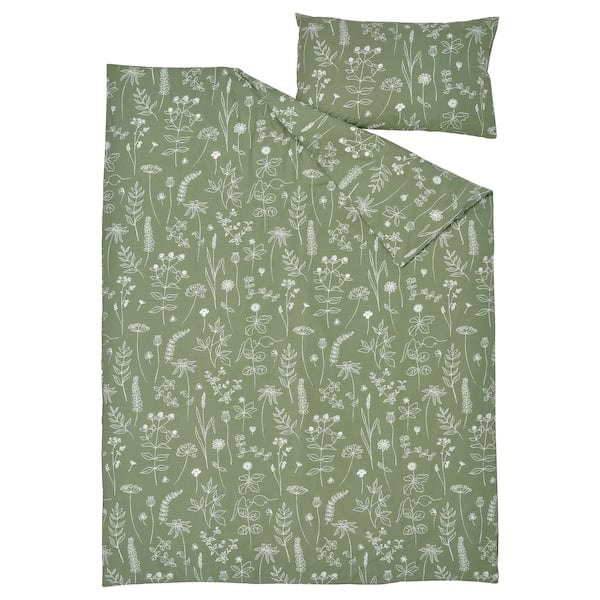 Ikea SLÅNGULDMAL - Duvet cover and pillowcase, green/floral pattern, 150x200/50x80 cm