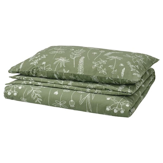 Ikea SLÅNGULDMAL - Duvet cover and pillowcase, green/floral pattern, 150x200/50x80 cm