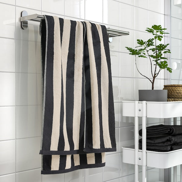 SLÅNHÖSTMAL - Bath towel, black/light beige striped, 70x140 cm