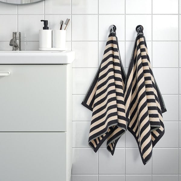 Ikea SLÅNHÖSTMAL - Hand towel, black/light beige striped, 50x100 cm