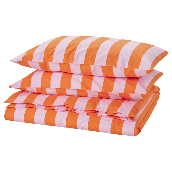 SLÅNHÖSTMAL duvet cover and 2 pillowcases, orange/pink/striped, 240x220/50x80 cm
