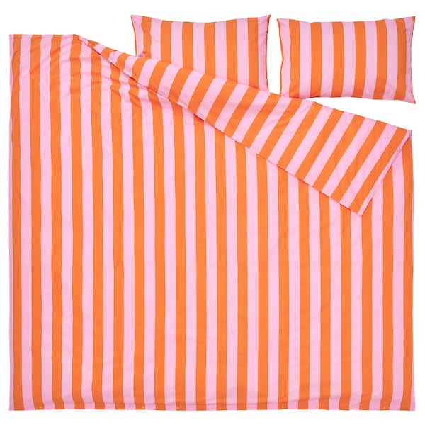 SLÅNHÖSTMAL - Duvet cover and 2 pillowcases, orange/pink/striped, 240x220/50x80 cm