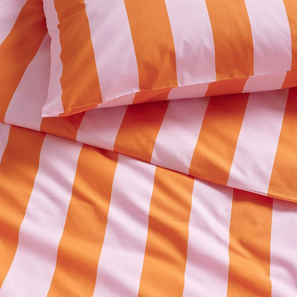 SLÅNHÖSTMAL - Duvet cover and 2 pillowcases, orange/pink/striped, 240x220/50x80 cm