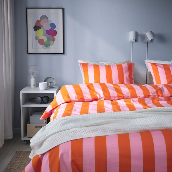 SLÅNHÖSTMAL - Duvet cover and 2 pillowcases, orange/pink/striped, 240x220/50x80 cm