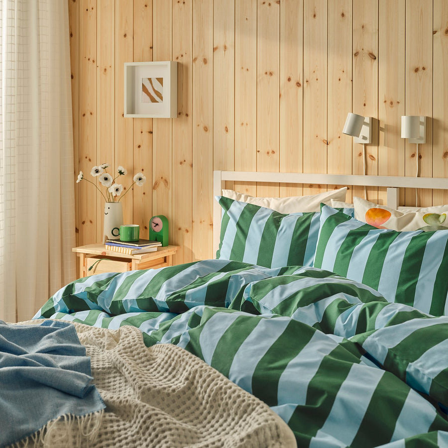 SLÅNHÖSTMAL duvet cover and 2 pillowcases, light blue dark green/stripe, 240x220/50x80 cm