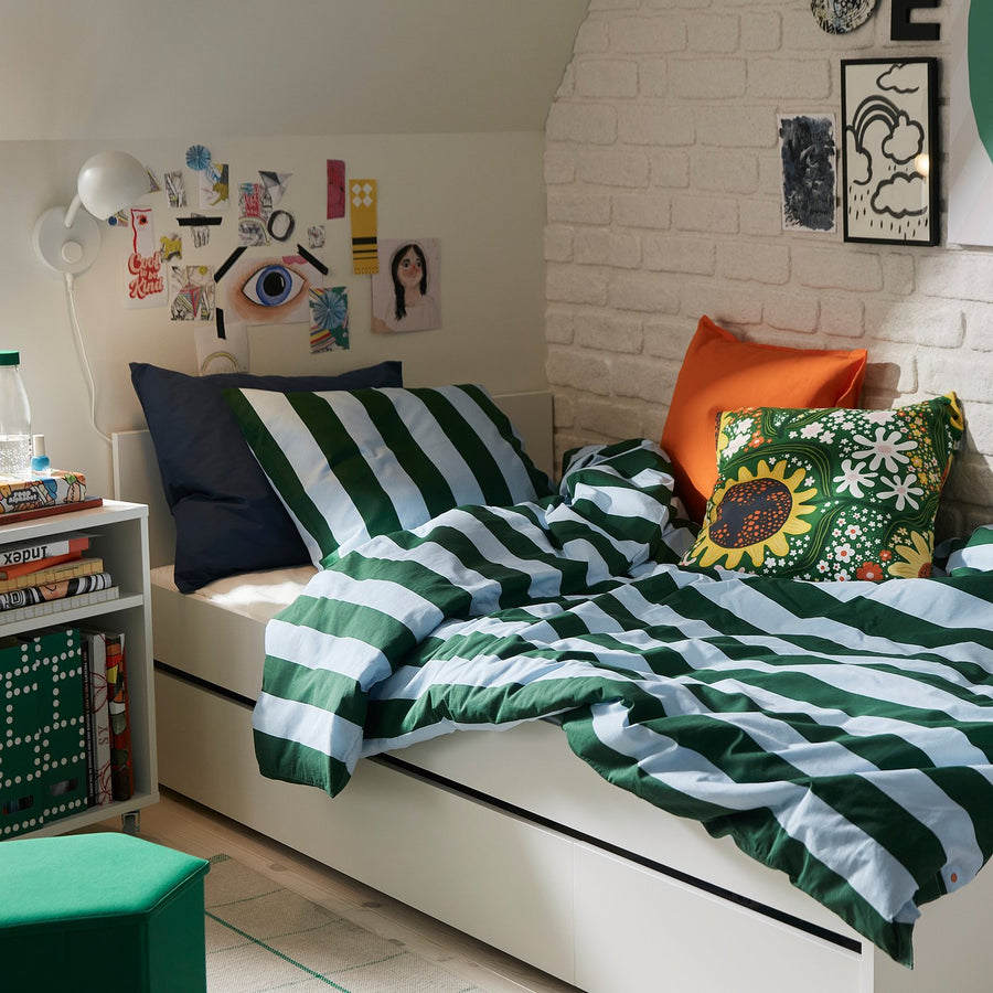 SLÅNHÖSTMAL duvet cover and 2 pillowcases, light blue dark green/stripe, 240x220/50x80 cm