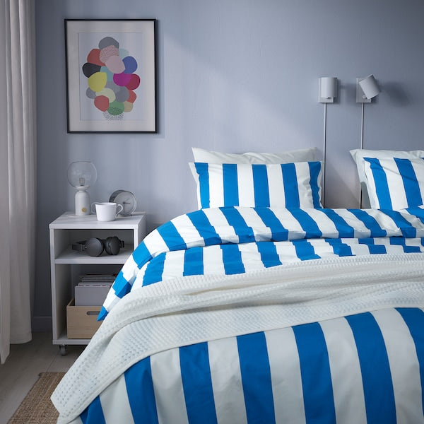 SLÅNHÖSTMAL - Duvet cover and 2 pillowcases, blue/white/striped, 240x220/50x80 cm