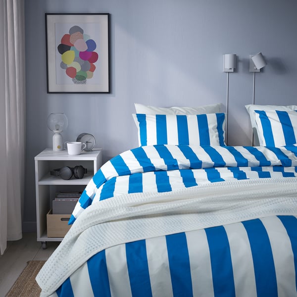 SLÅNHÖSTMAL duvet cover and 2 pillowcases, blue/white/striped, 240x220/50x80 cm