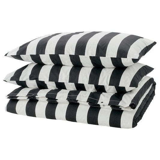 Ikea SLÅNHÖSTMAL - Duvet cover and 2 pillowcases, black/white/striped, 240x220/50x80 cm