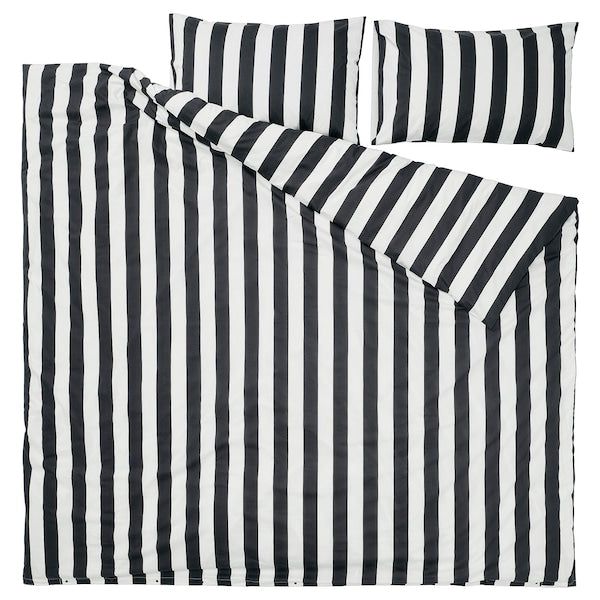 SLÅNHÖSTMAL - Duvet cover and 2 pillowcases, black/white/striped, 240x220/50x80 cm