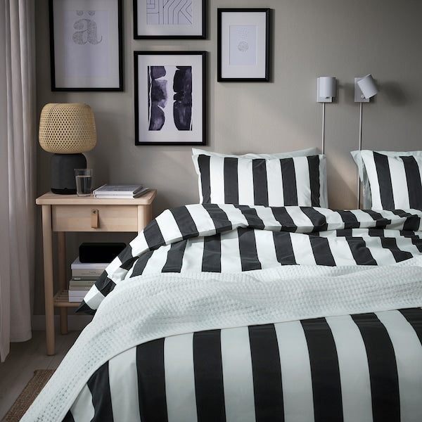 SLÅNHÖSTMAL - Duvet cover and 2 pillowcases, black/white/striped, 240x220/50x80 cm