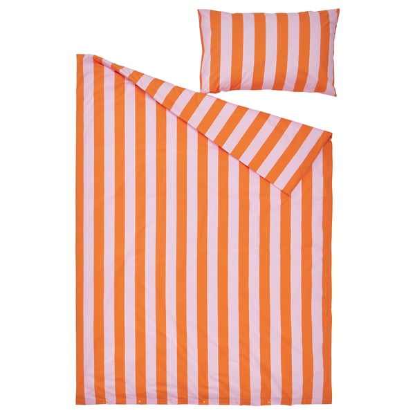 SLÅNHÖSTMAL duvet cover and pillowcase, orange/pink/striped, 150x200/50x80 cm