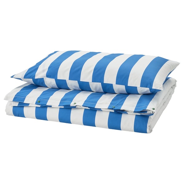 SLÅNHÖSTMAL - SLÅNHÖSTMAL Duvet cover and pillowcase, blue/white/striped, 150x200/50x80 cm