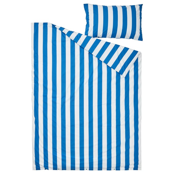 SLÅNHÖSTMAL - SLÅNHÖSTMAL Duvet cover and pillowcase, blue/white/striped, 150x200/50x80 cm