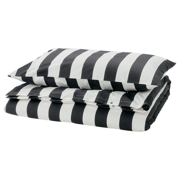 SLÅNHÖSTMAL duvet cover and pillowcase, black/white/striped, 150x200/50x80 cm