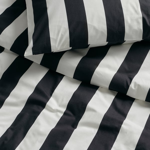SLÅNHÖSTMAL duvet cover and pillowcase, black/white/striped, 150x200/50x80 cm